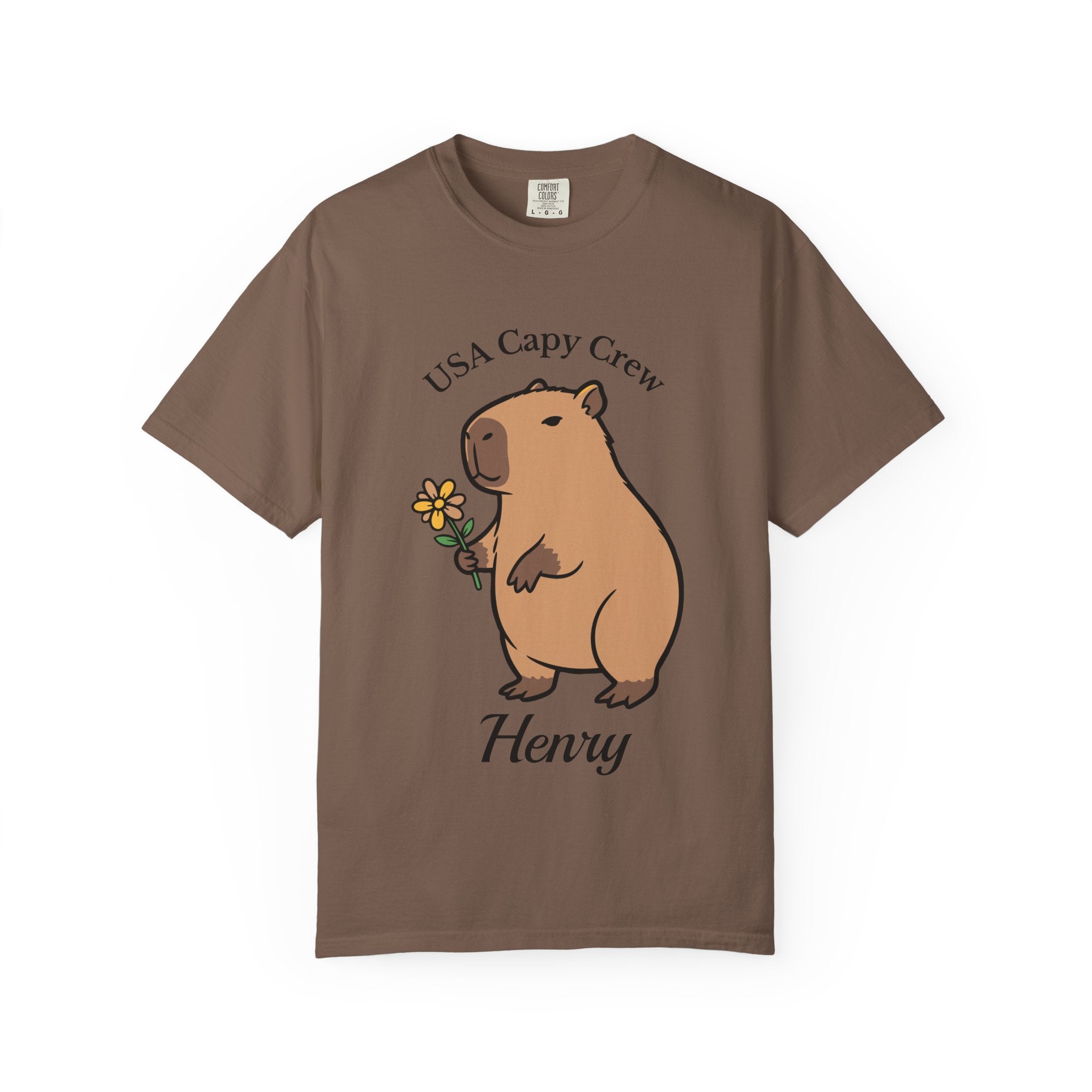 Close-up of capybara holding a flower on t-shirt