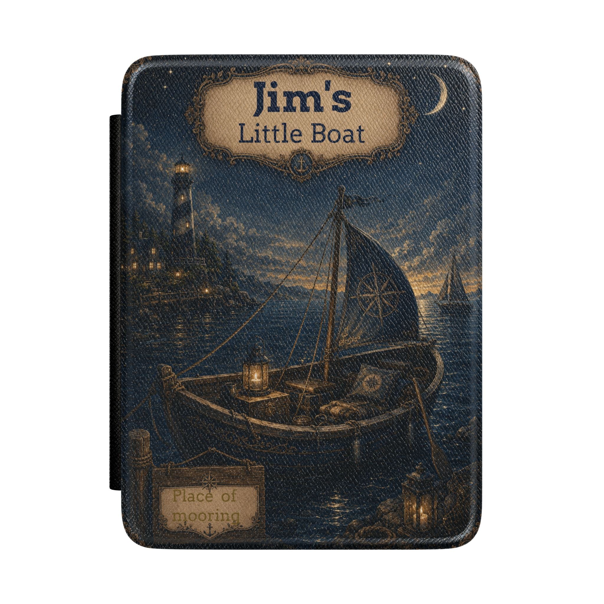 Personalized vintage little boat scene Kindle case with name