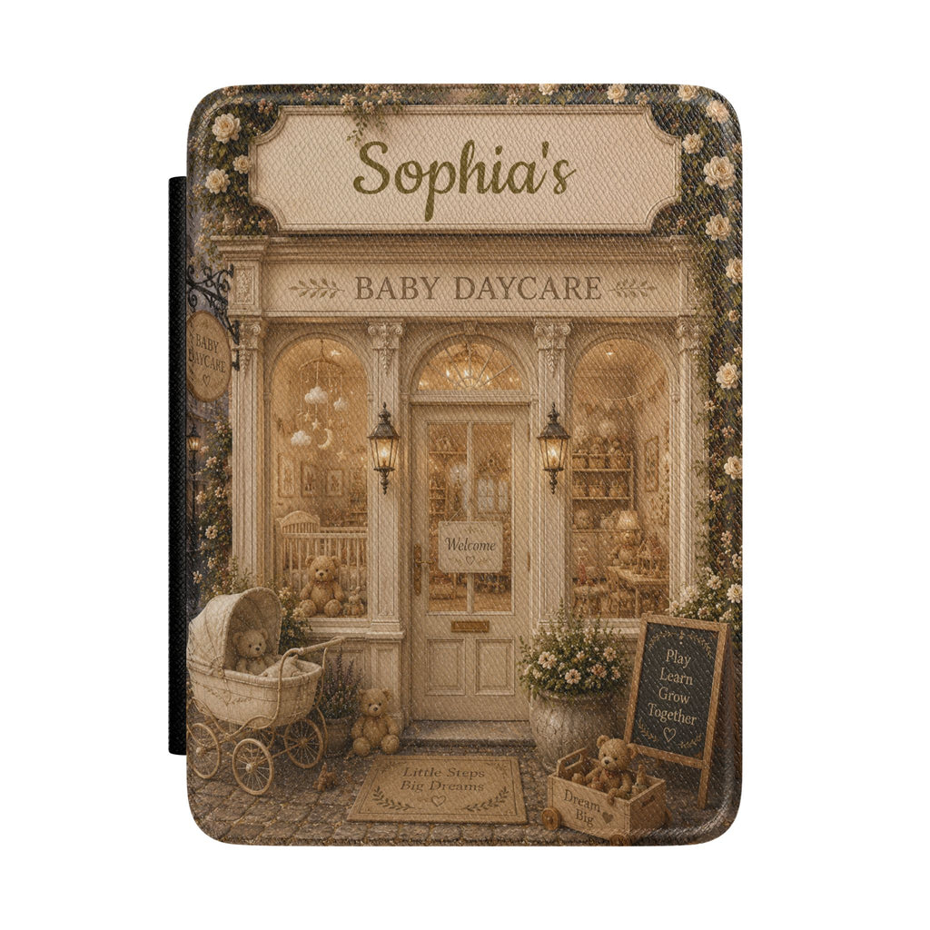 Personalized vintage daycare scene Kindle case with name