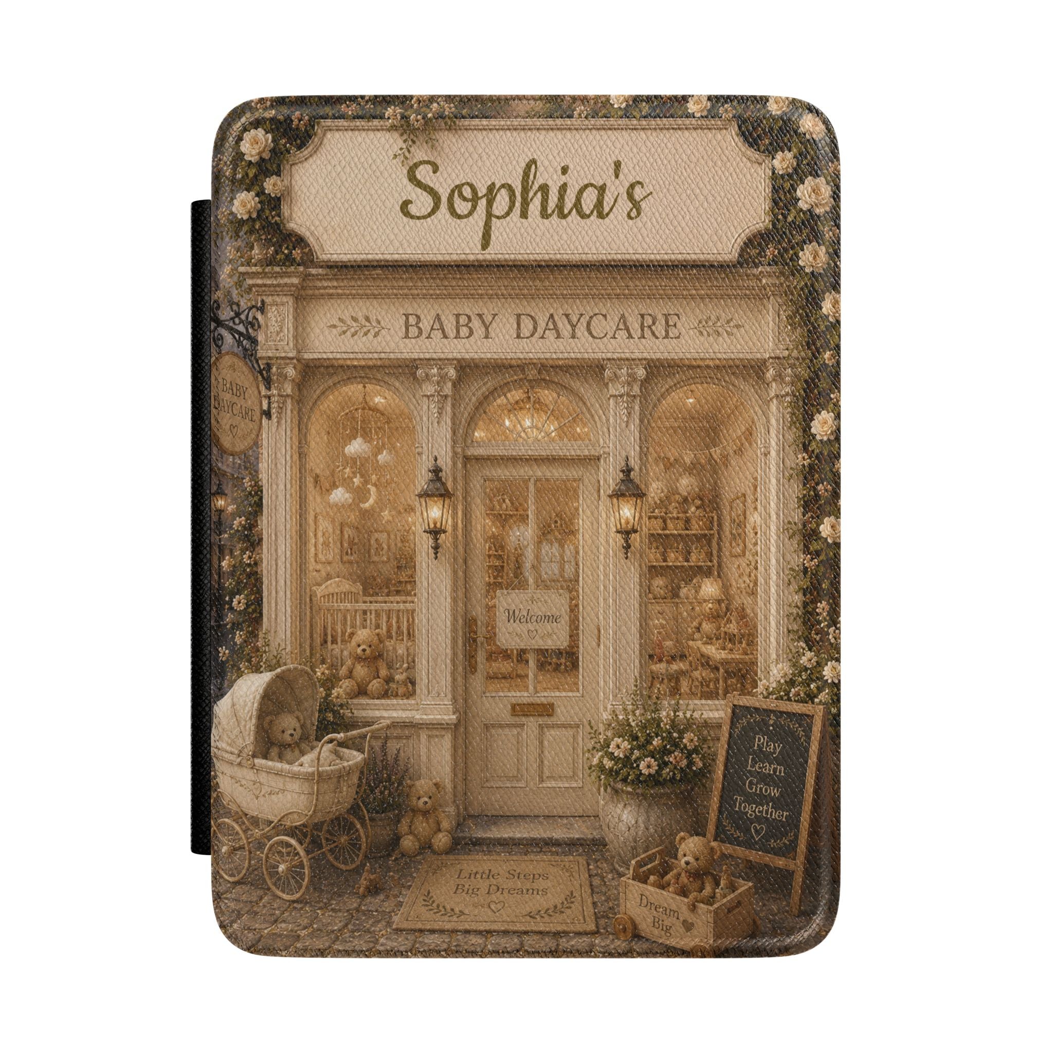 Personalized vintage daycare scene Kindle case with name