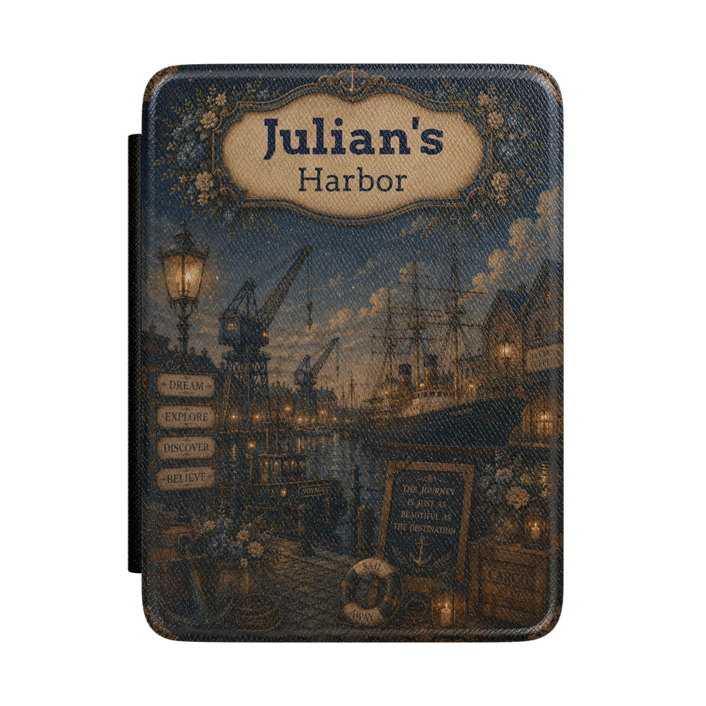 Personalized vintage harbor scene Kindle case with name for sailors