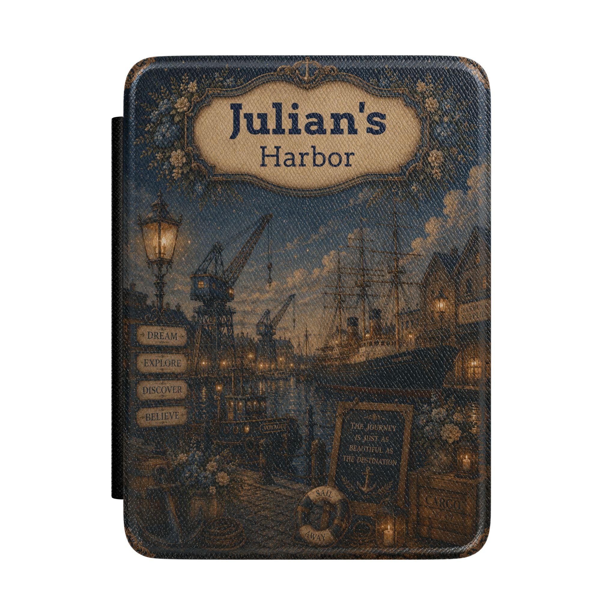 Personalized vintage harbor scene Kindle case with name for sailors