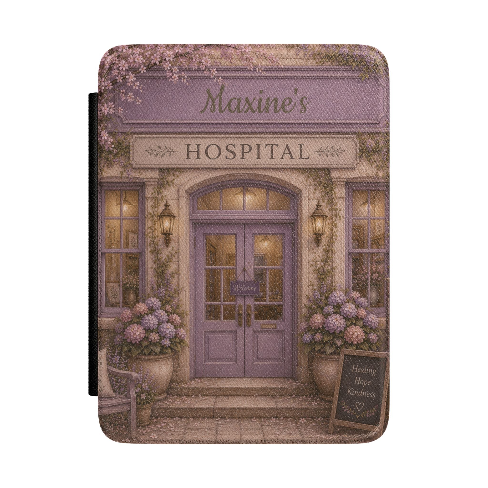 Personalized vintage hospital scene Kindle case with name for nurses