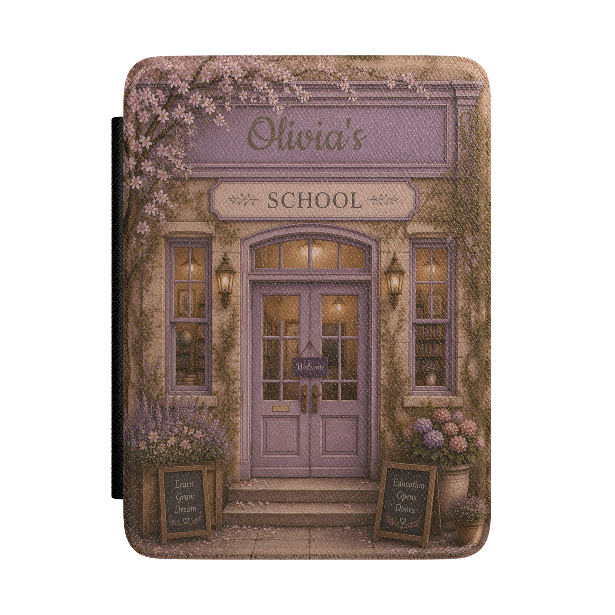 Personalized vintage school scene Kindle case with name for teachers