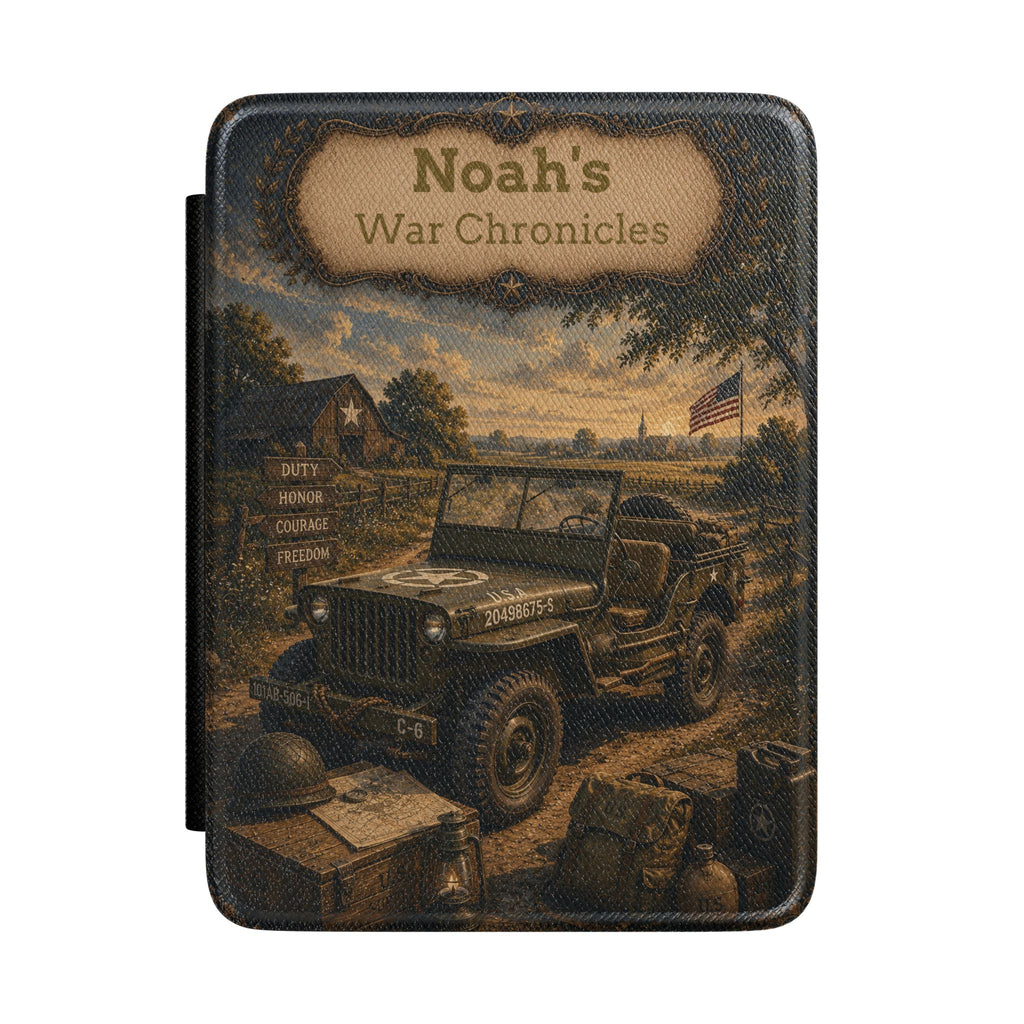 Personalized vintage War Chronicles military jeep Kindle case with name