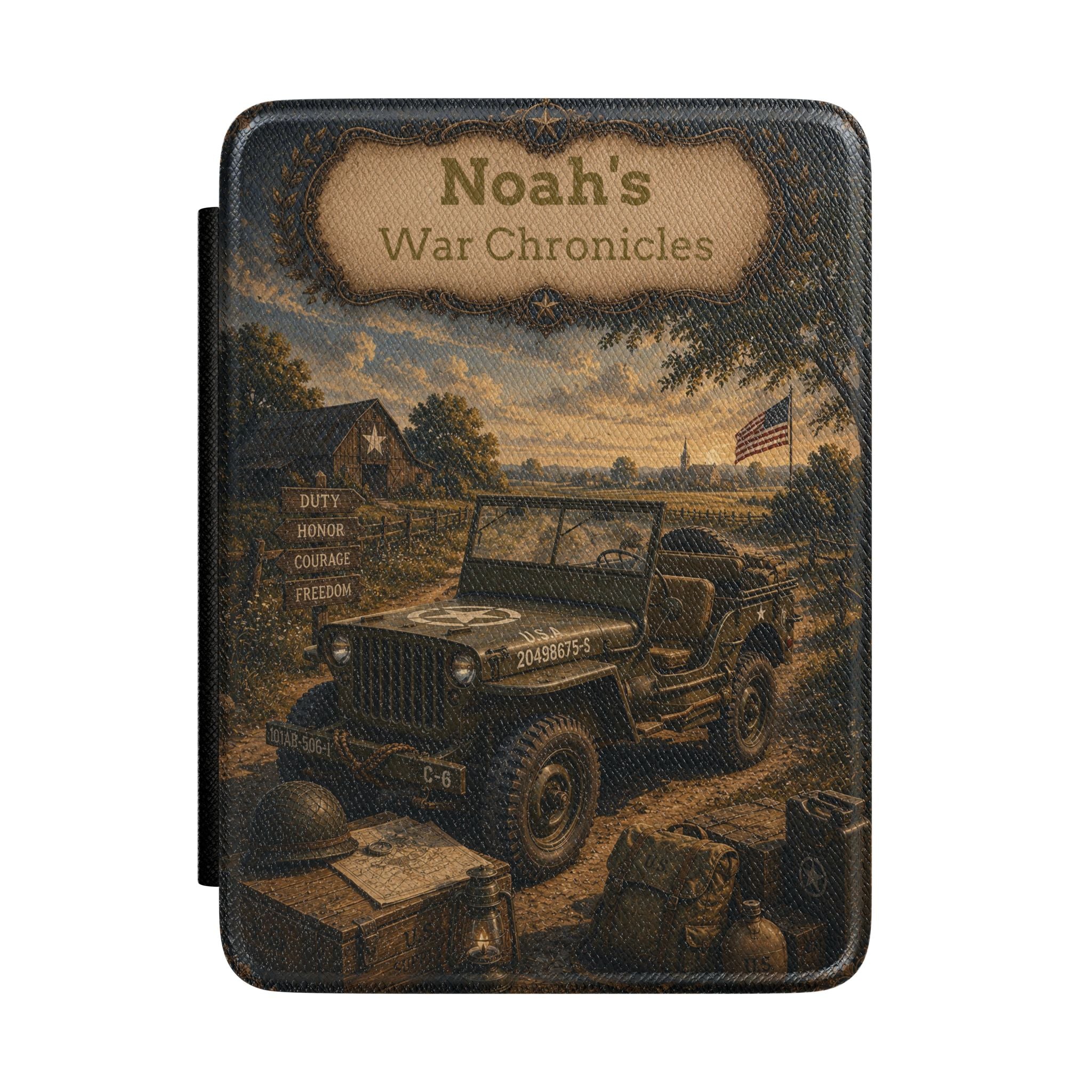 Personalized vintage War Chronicles military jeep Kindle case with name