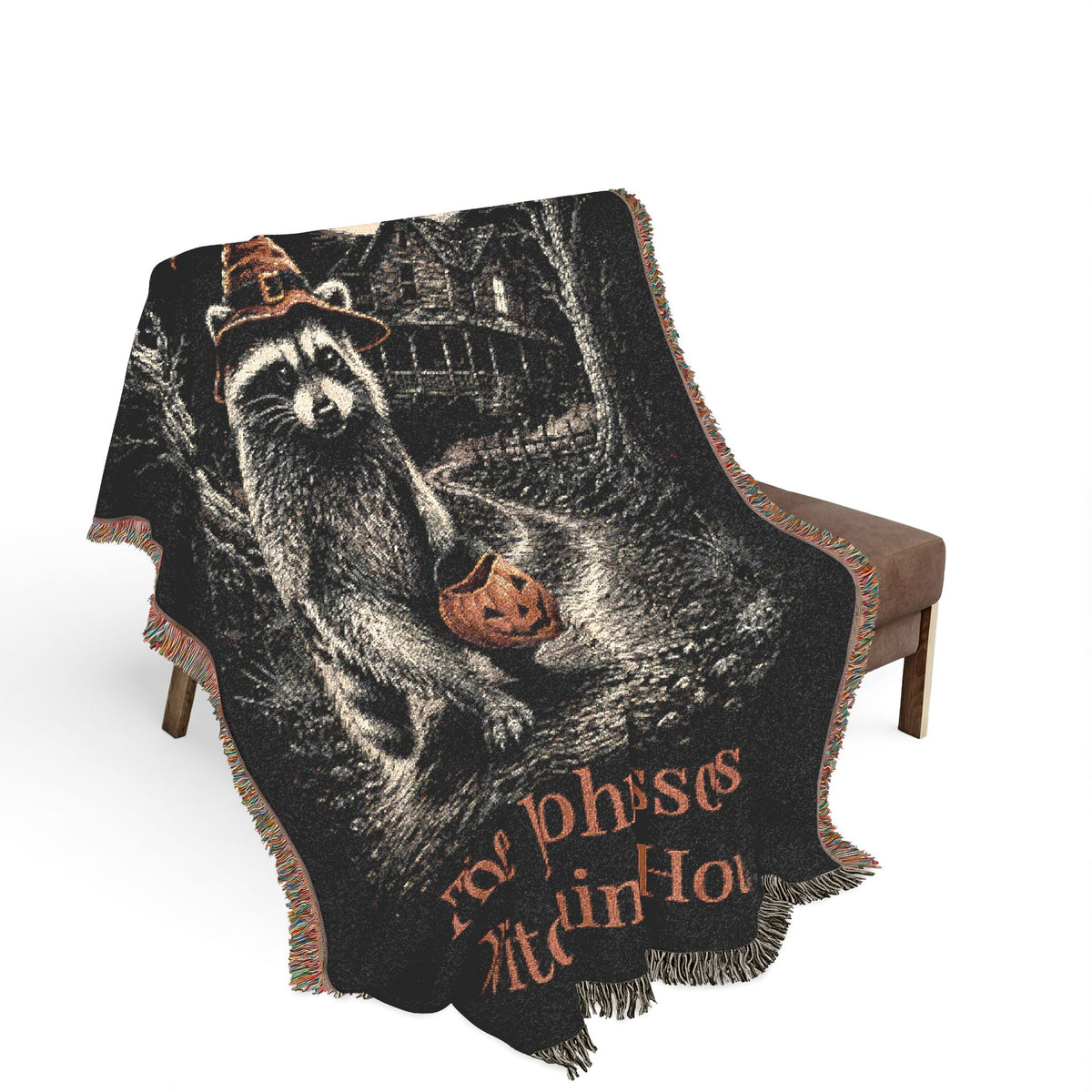 Witching Hour raccoon woven throw blanket close-up of design