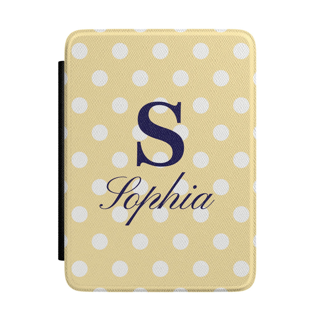 Personalized yellow polka dot Kindle case with monogram initial and name