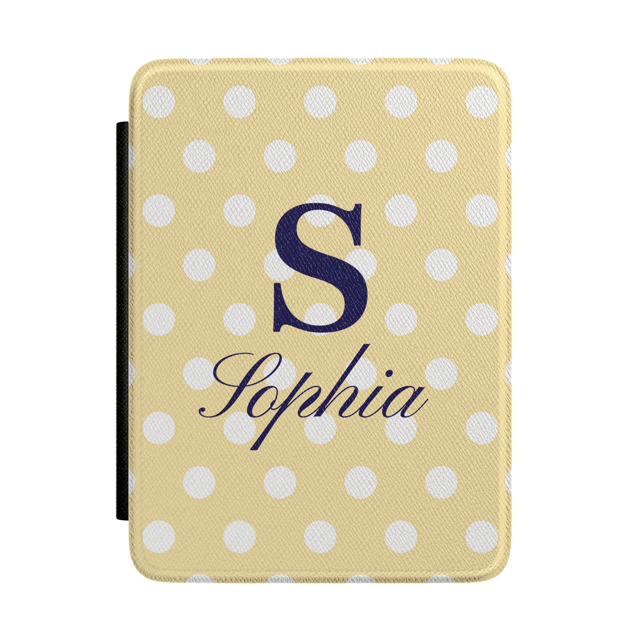 Personalized yellow polka dot Kindle case with monogram initial and name
