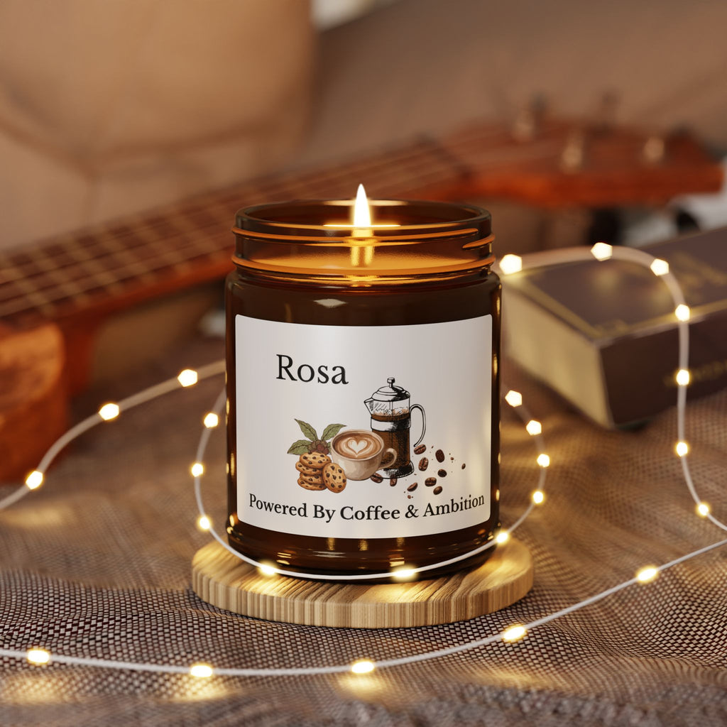Close-up of the coffee cup and cookies illustration on the candle label