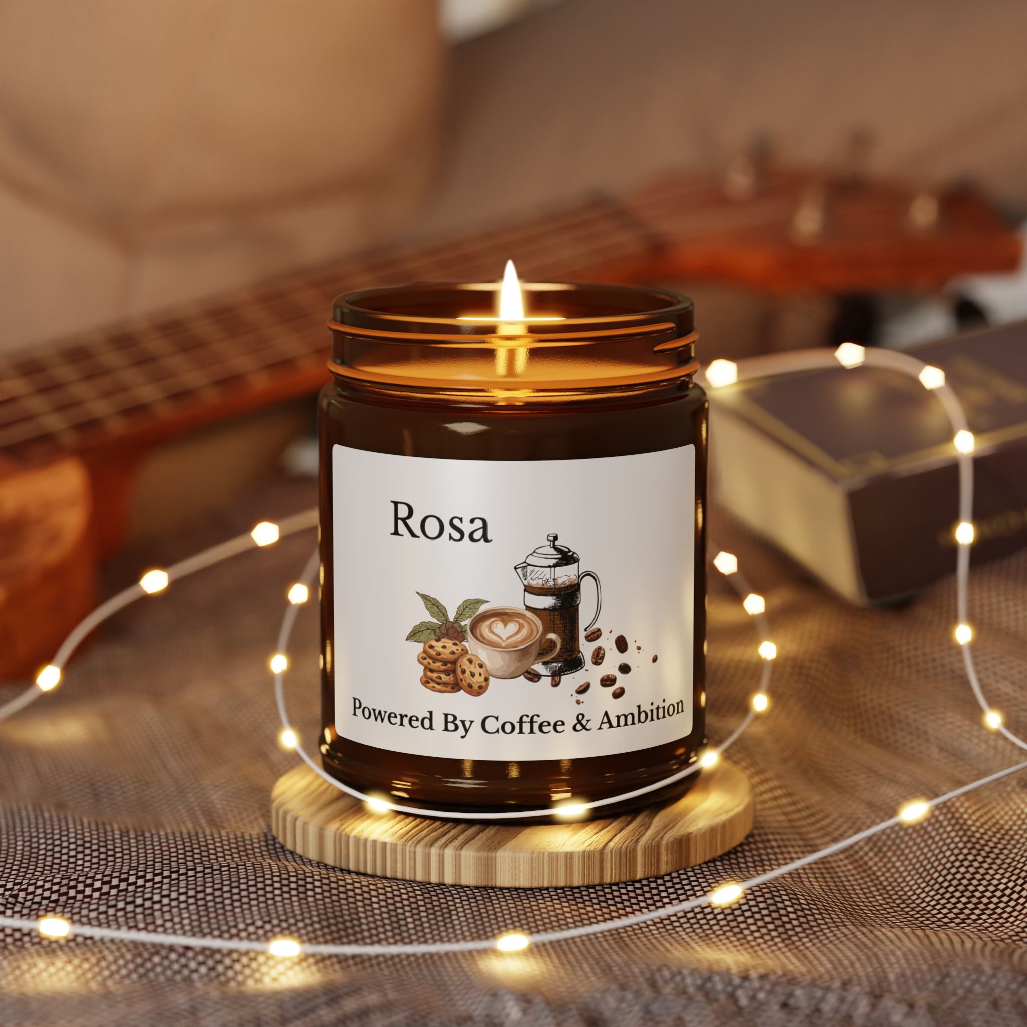 Close-up of the coffee cup and cookies illustration on the candle label