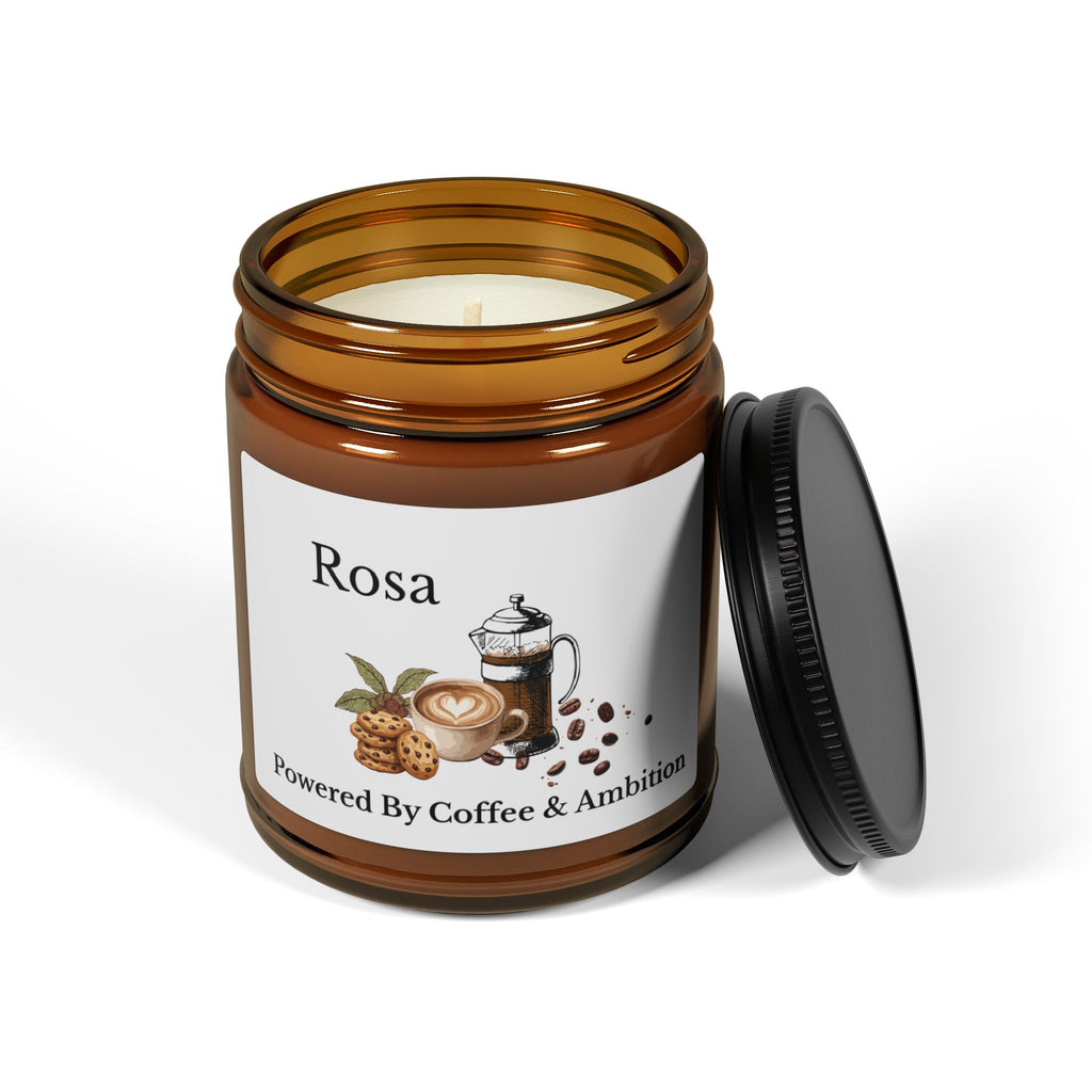 Personalised coffee lover candle shown in a cosy home setting