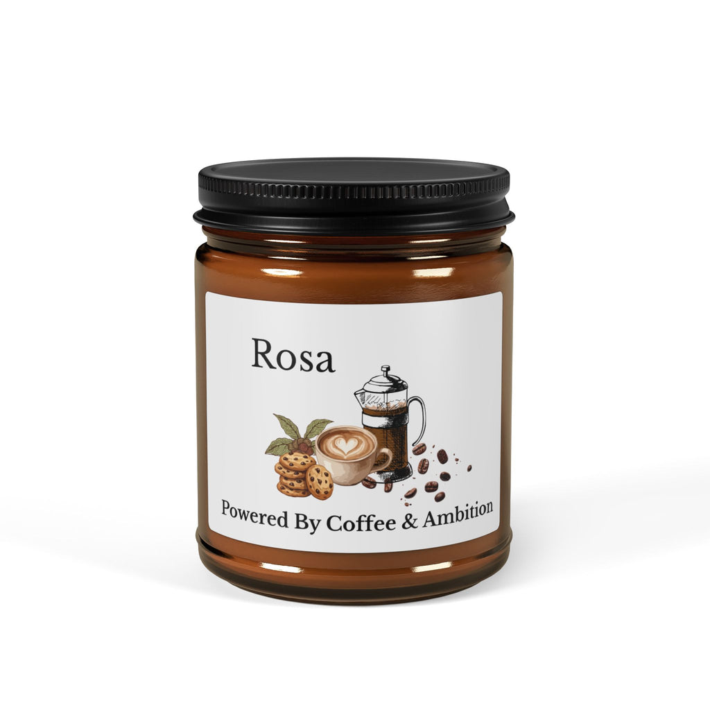 Personalised amber glass soy candle with name Rosa and Powered By Coffee and Ambition design