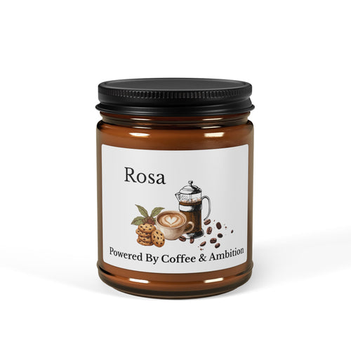 Personalised amber glass soy candle with name Rosa and Powered By Coffee and Ambition design