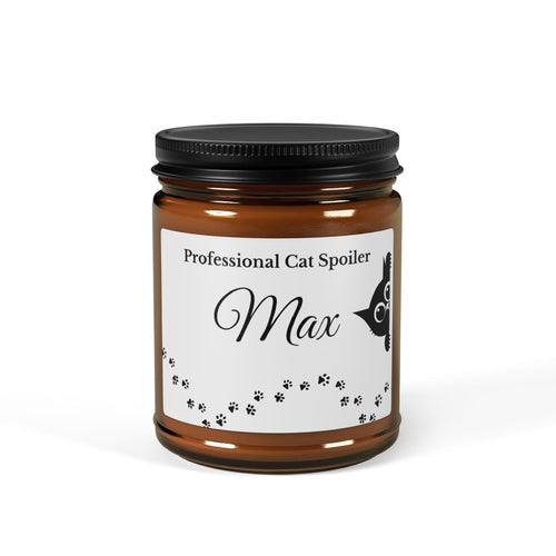 Personalised amber glass soy candle with cat name Max and Professional Cat Spoiler design