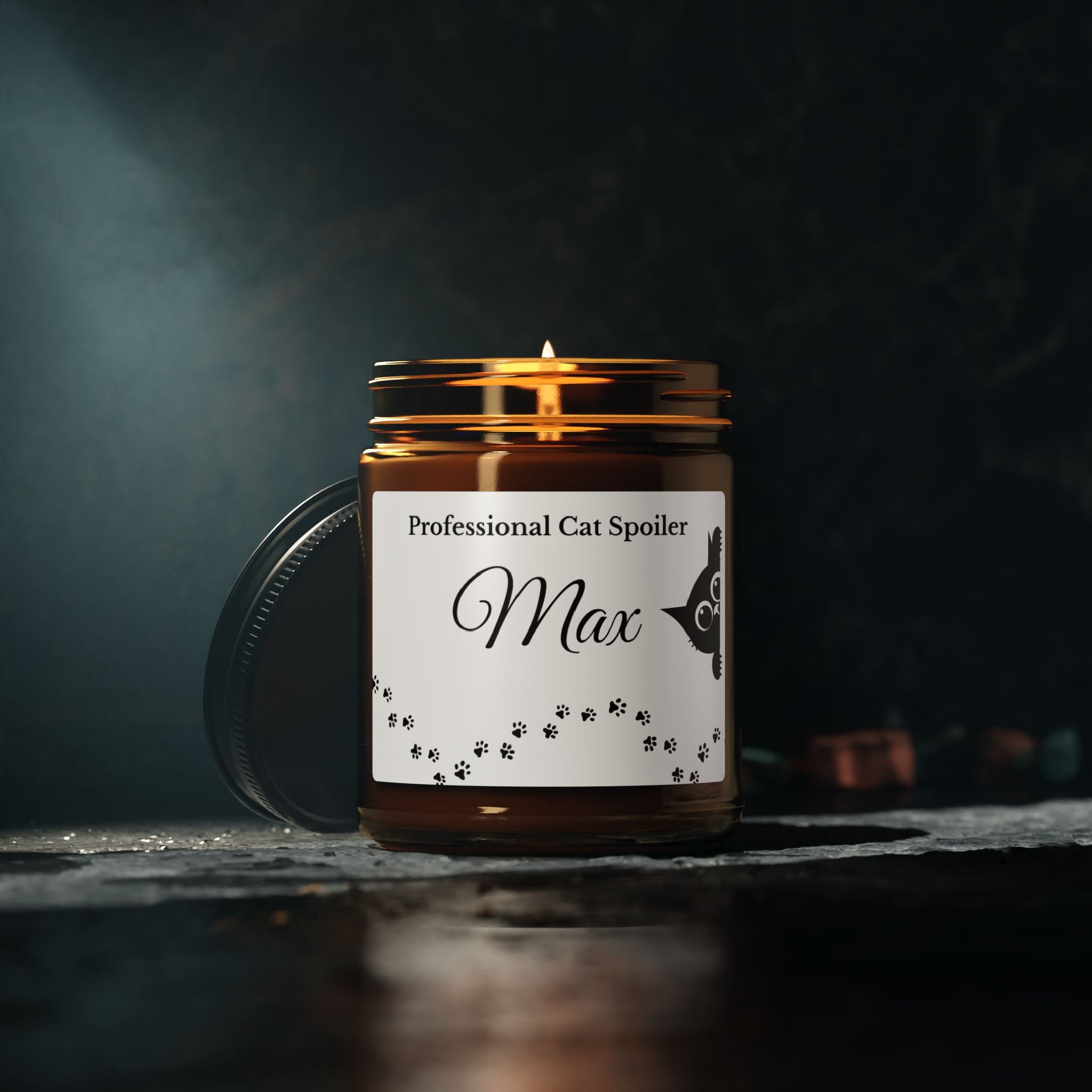 Cat lover candle displayed on a windowsill with paw print details