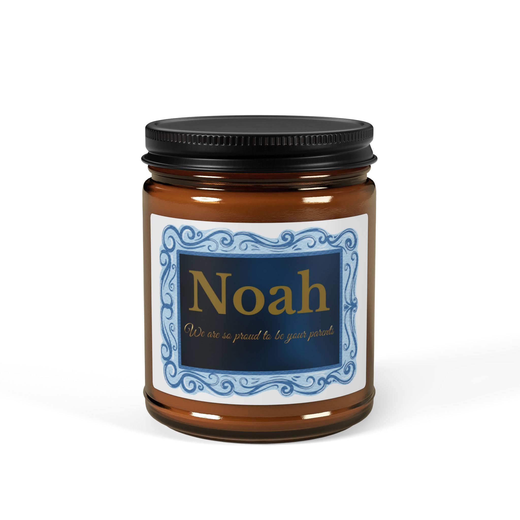 Personalised graduation candle – We Are So Proud To Be Your Parents, blue and gold ornate label