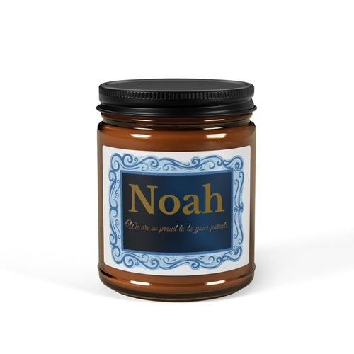 Personalised graduation candle – We Are So Proud To Be Your Parents, blue and gold ornate label