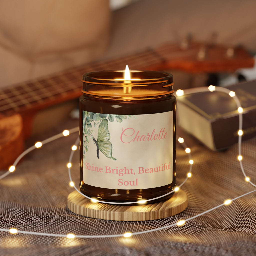 Shine Bright Beautiful Soul personalised candle in natural home setting