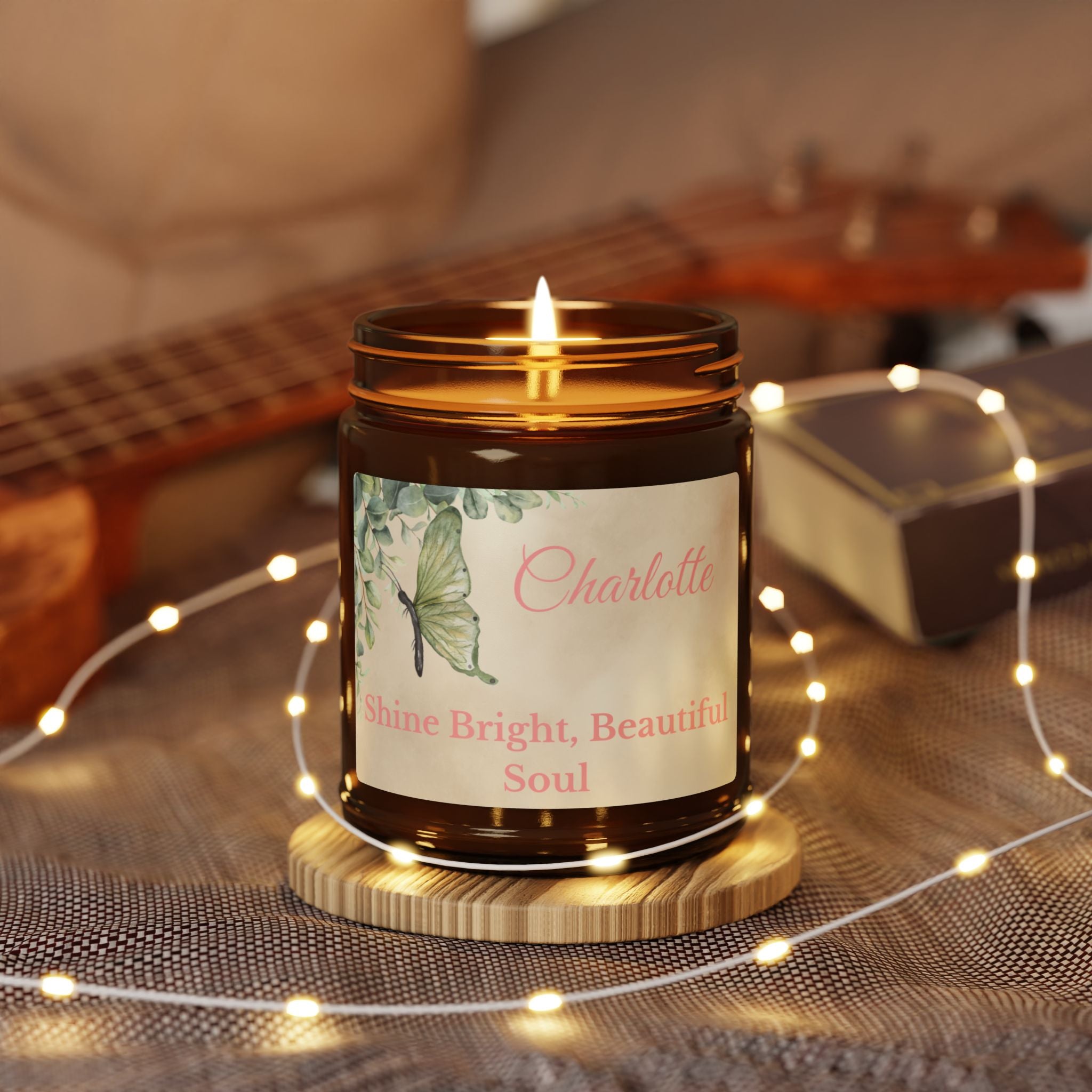 Shine Bright Beautiful Soul personalised candle in natural home setting
