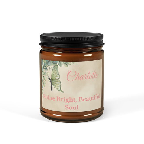 Personalised soy candle – Shine Bright Beautiful Soul, botanical label with butterfly and eucalyptus