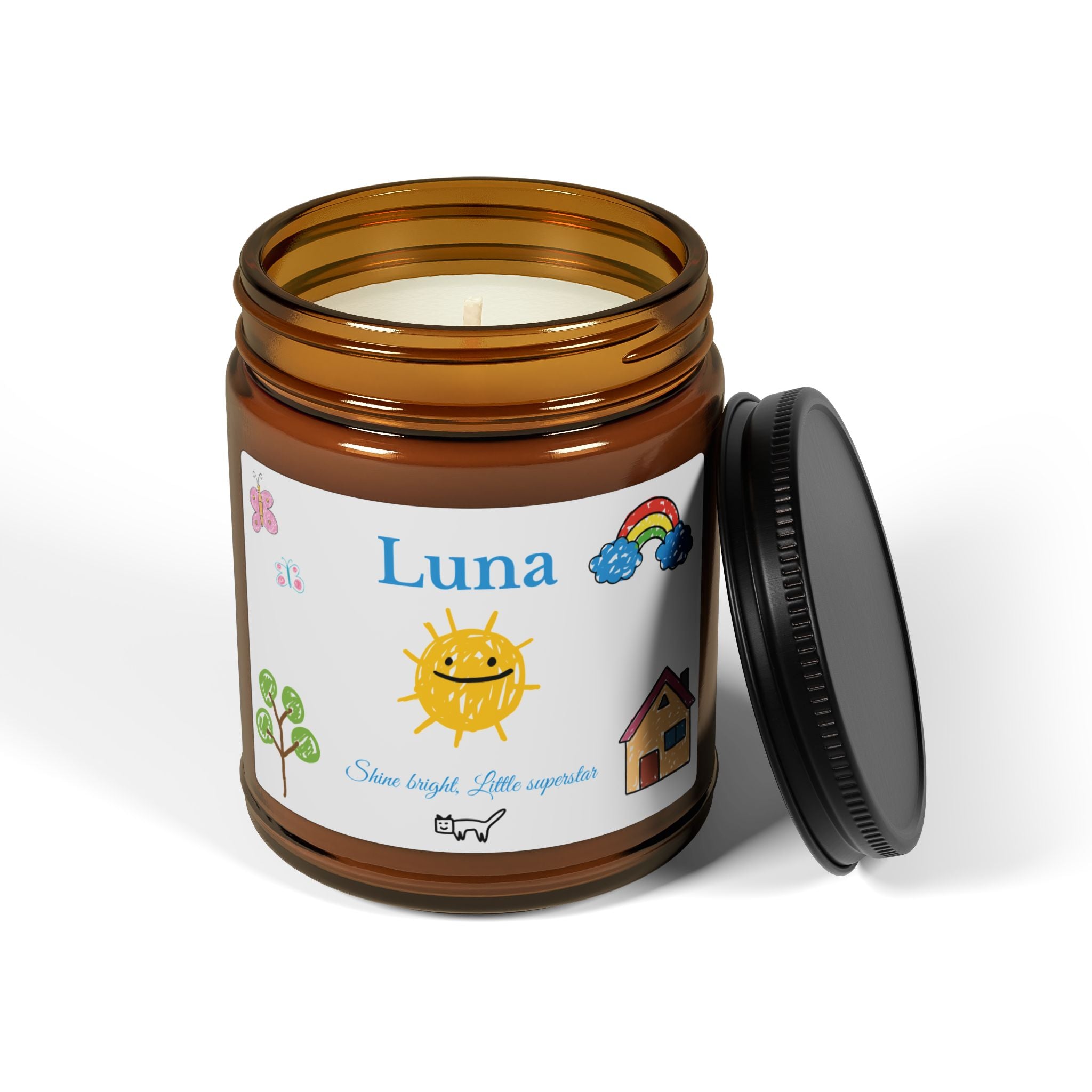 Personalised soy candle for kids shown in a cosy home setting