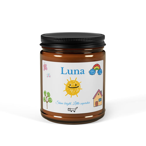 Personalised amber glass soy candle with kids name Luna and Shine Bright Little Superstar design