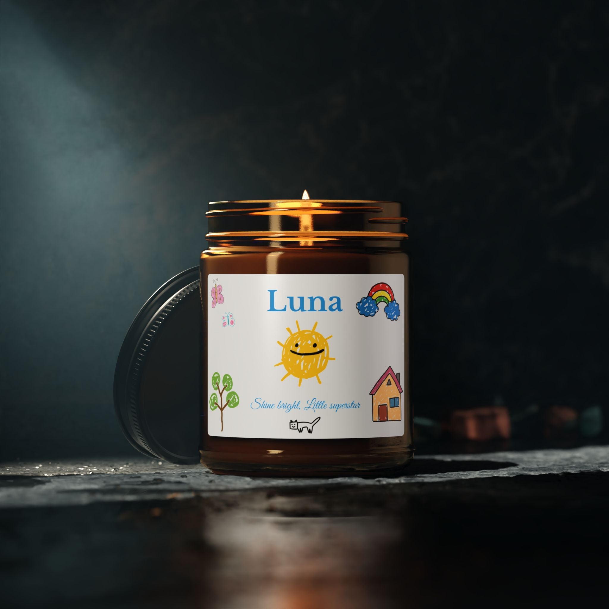 Personalised kids candle displayed on a living room shelf