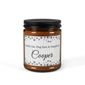 Personalised amber glass soy candle with dog name Cooper and Smells Like Dog Hair and Happiness design