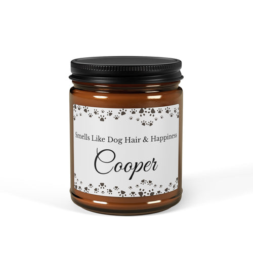Personalised amber glass soy candle with dog name Cooper and Smells Like Dog Hair and Happiness design