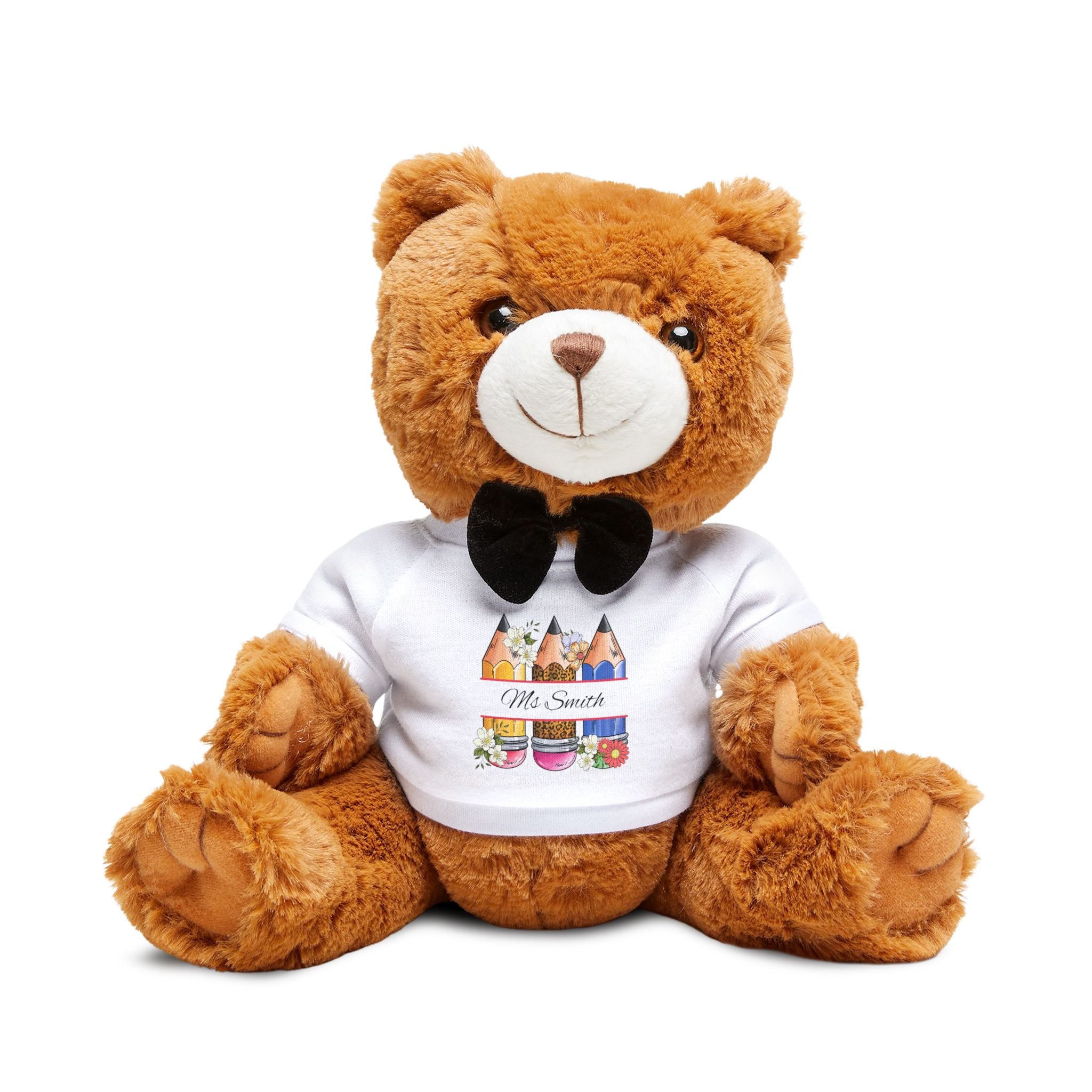 Personalised teacher teddy bear wearing a t-shirt printed with the name Ms Smith and a pencil design