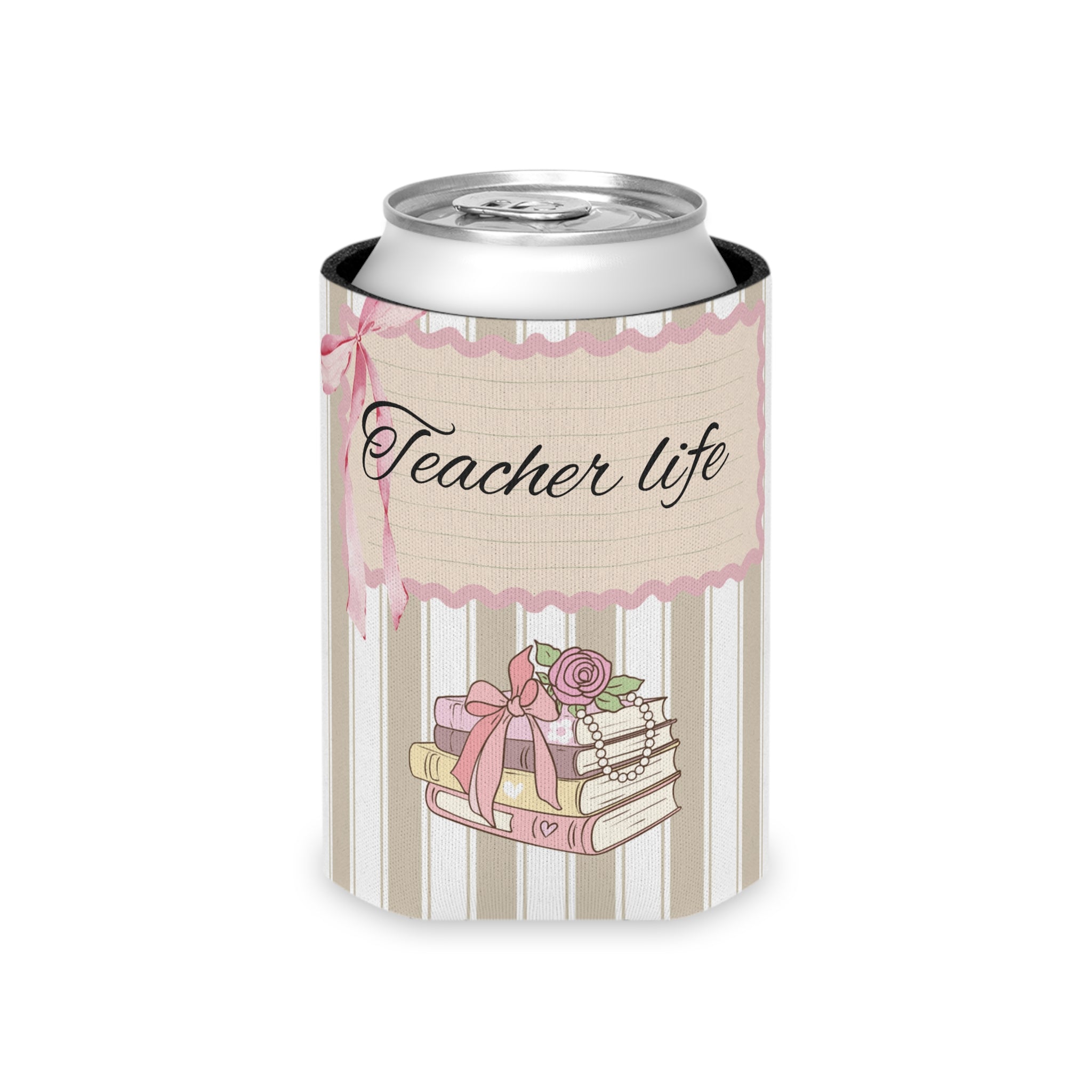 Personalised can cooler with a name and Teacher Life design on a striped pattern with pencil detail