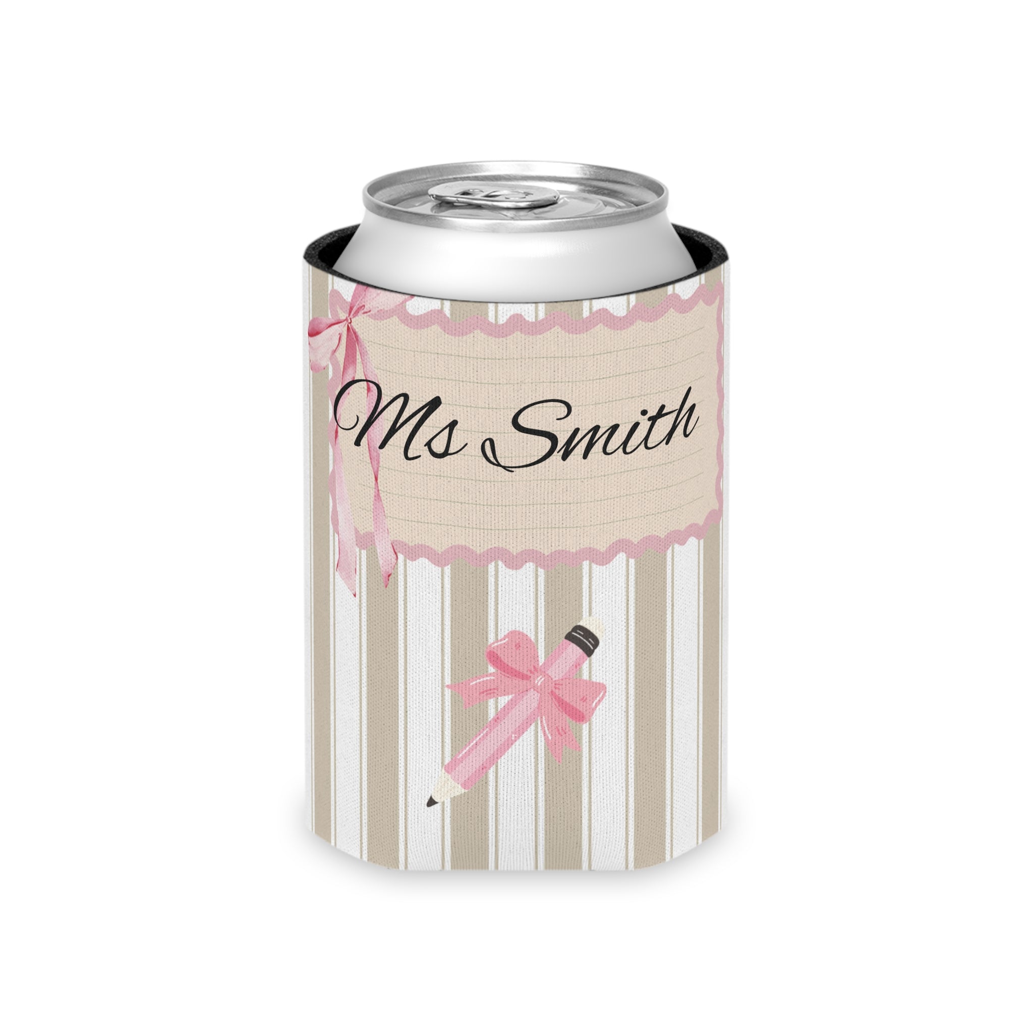 Personalised can cooler shown fitted on a slim can