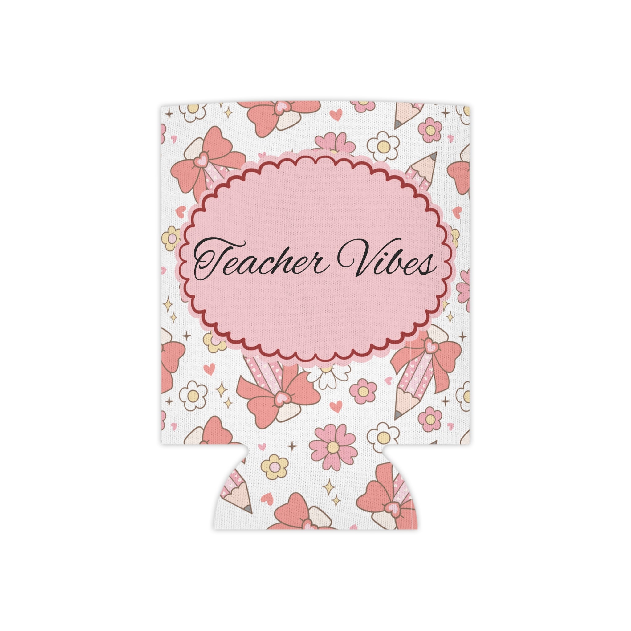 Close-up of the name and Teacher Vibes print on the can cooler