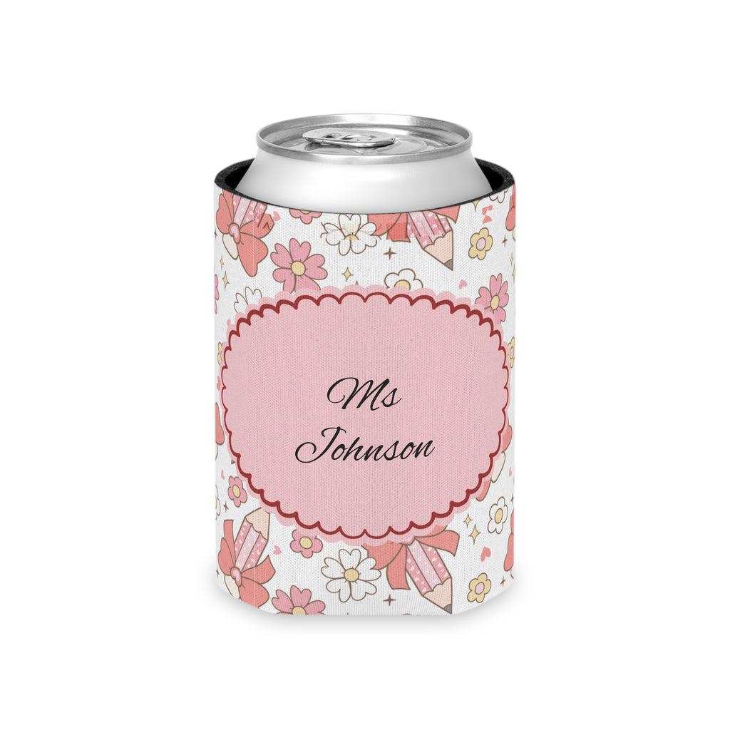 Personalised can cooler with a name and Teacher Vibes design on a pencil pattern background
