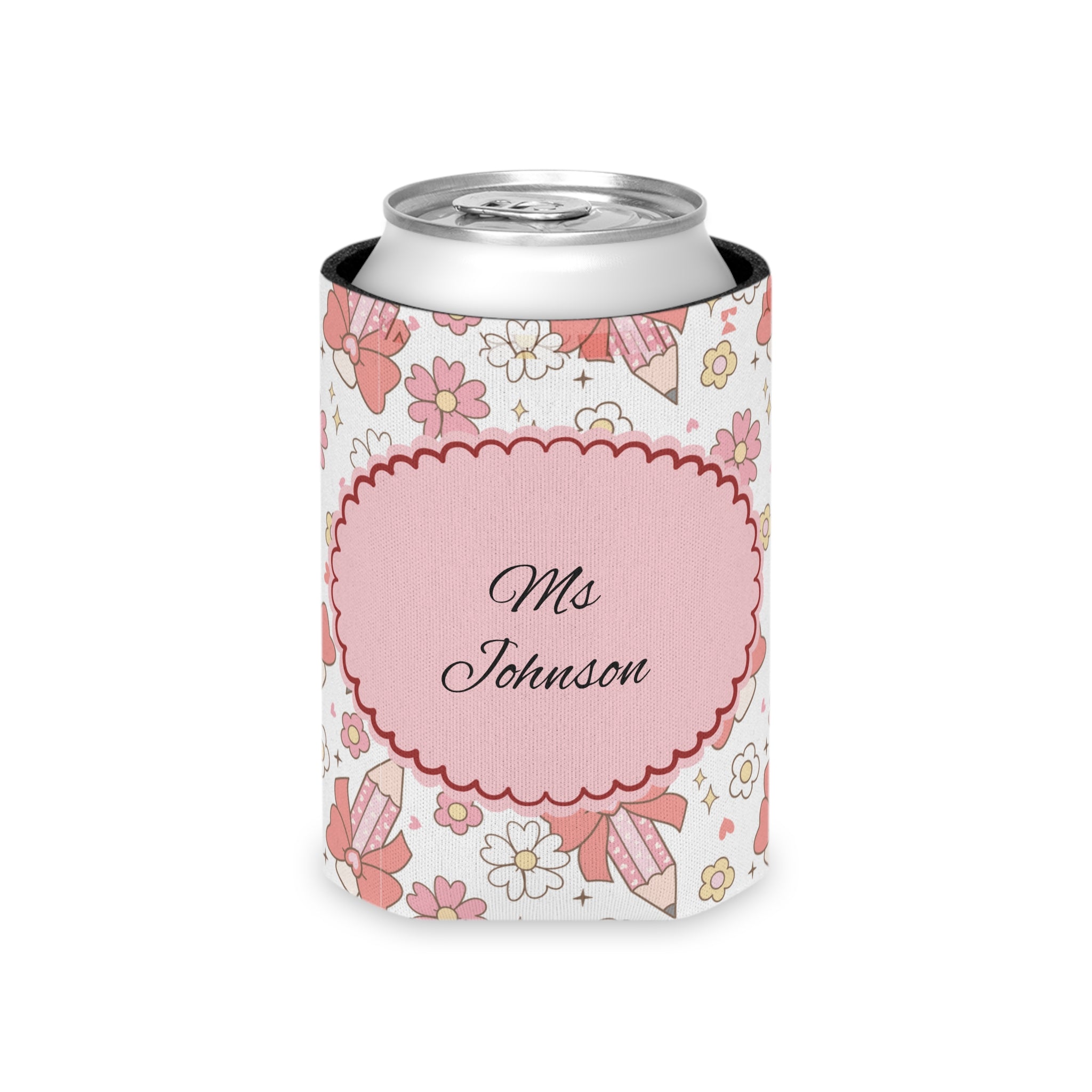 Personalised can cooler with a name and Teacher Vibes design on a pencil pattern background