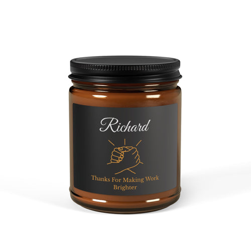 Personalised amber glass soy candle with name Richard and Thanks For Making Work Brighter design