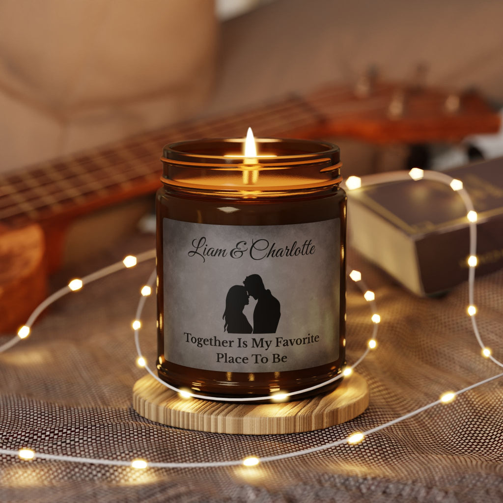 Personalised couples soy candle 4oz and 9oz amber jar size comparison