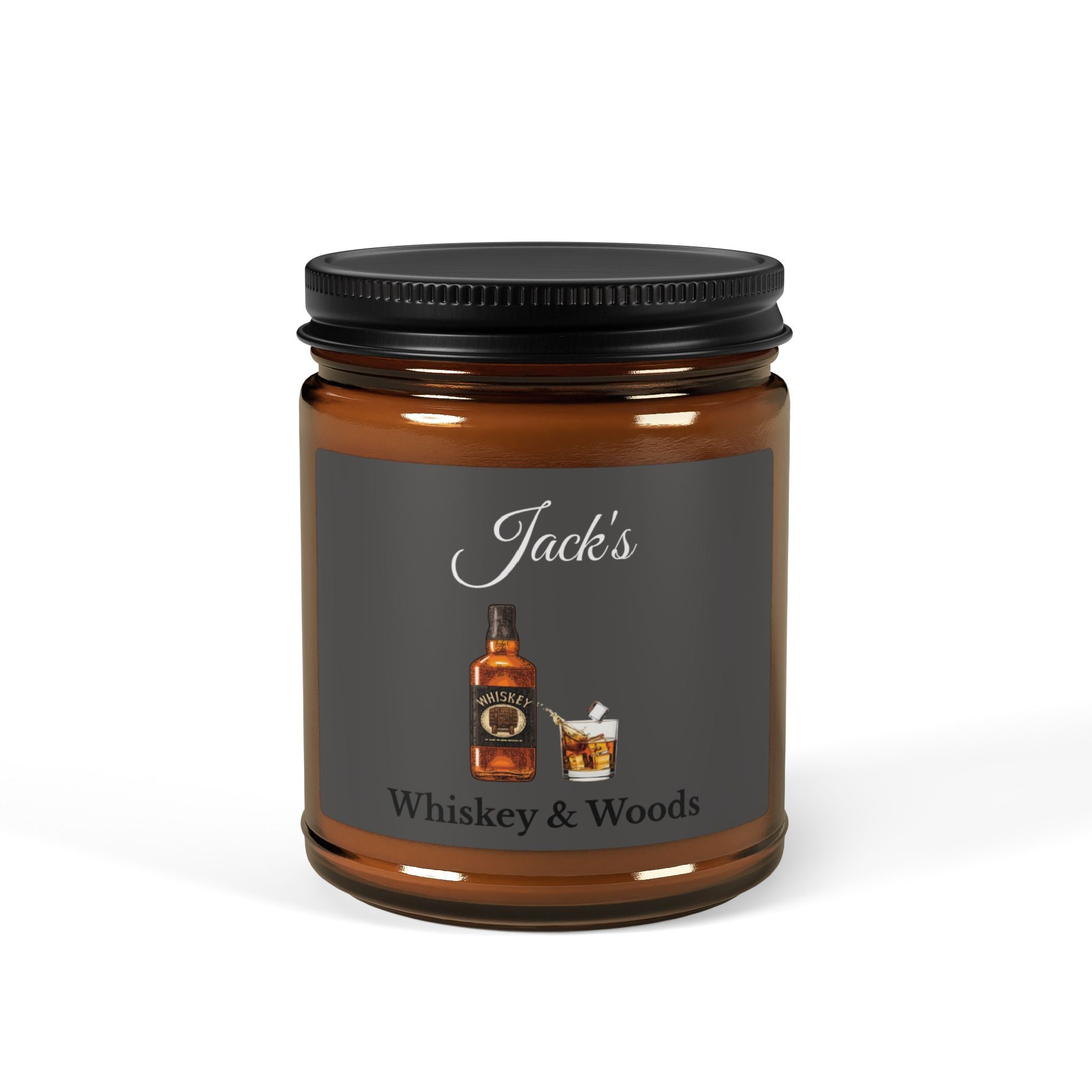 Personalised whiskey candle for him – Whiskey and Woods, charcoal label with bottle illustration