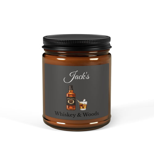 Personalised whiskey candle for him – Whiskey and Woods, charcoal label with bottle illustration