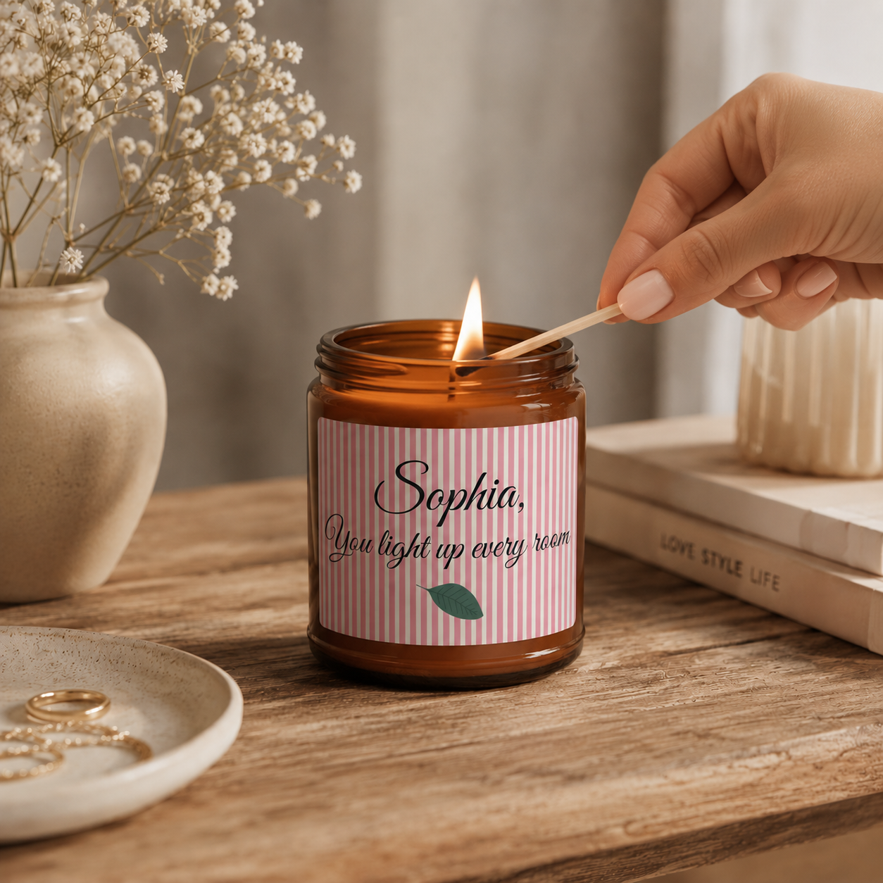 Personalised amber jar candle with pink stripe label – gift for her top view