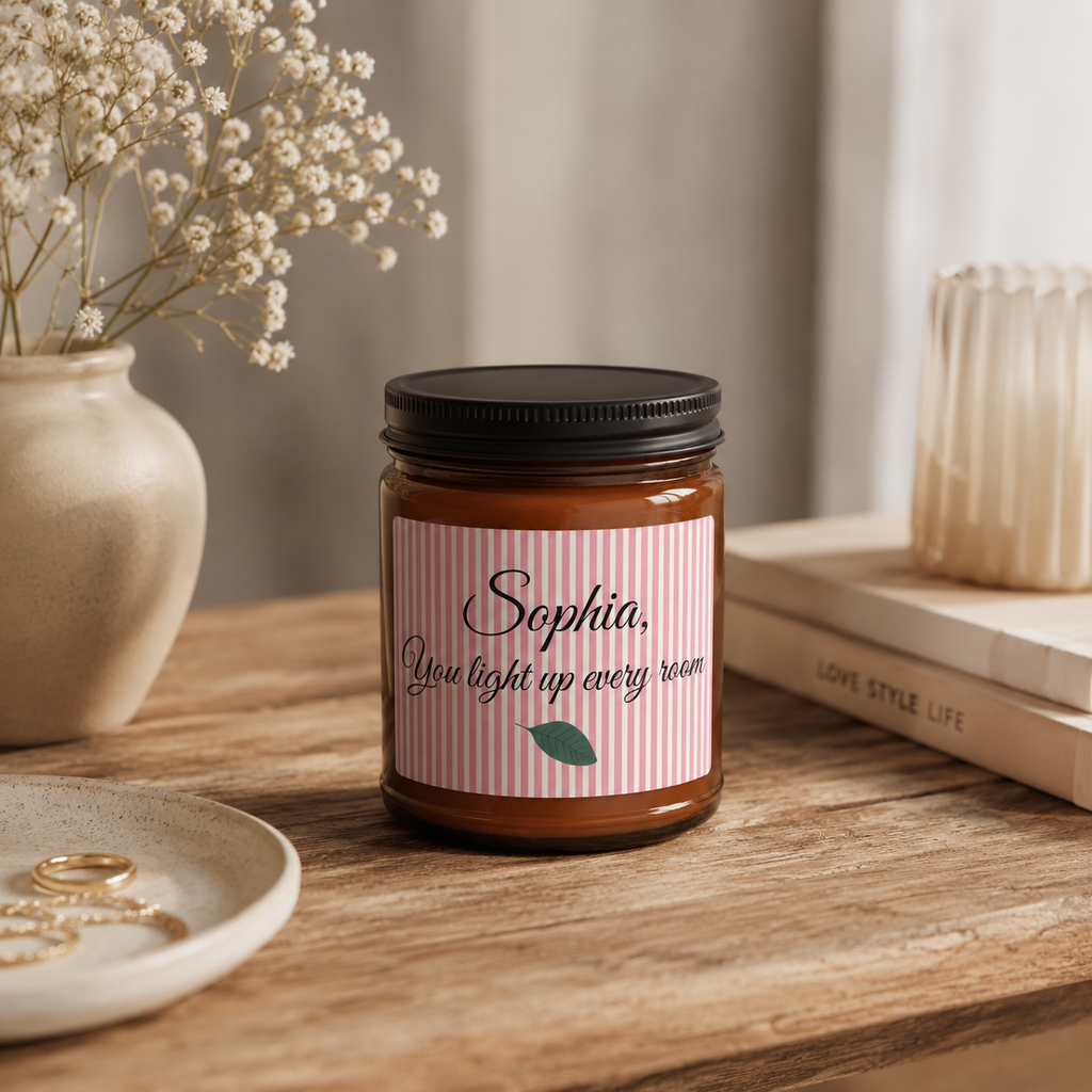 You Light Up Every Room personalised soy candle unboxing and label close-up