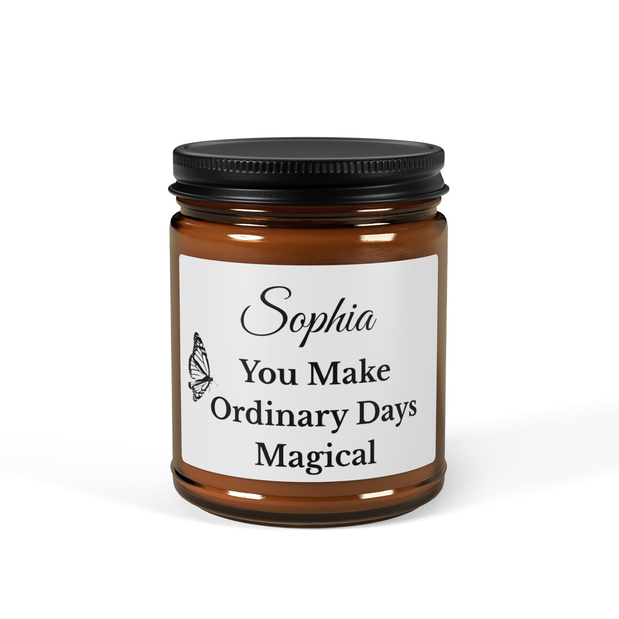Personalised soy candle – You Make Ordinary Days Magical, white label with monarch butterfly